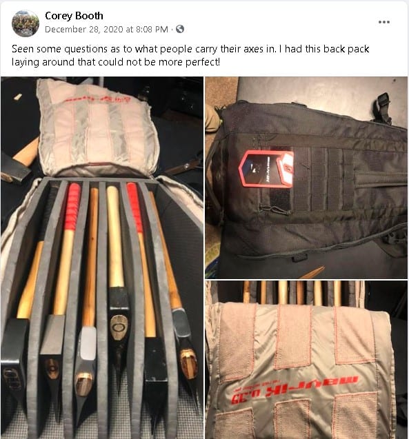 Screenshot from Corey Booth's facebook post with 3 different pictures showing the outside of a backpack and the inside with axes of several different lengths separated by foam dividers